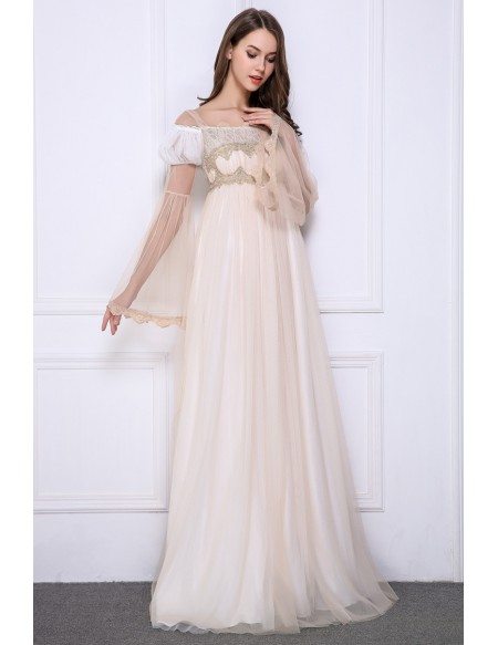 Feminine Empire Embroidered Tulle Floor-Length Prom Dress With Long ...