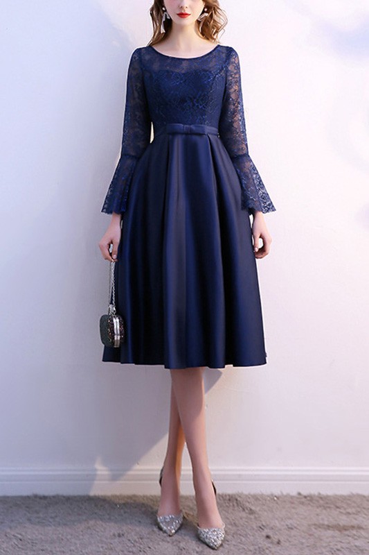 Blue Lace Long Sleeve Homecoming Dress Knee Length #J1532 - GemGrace.com