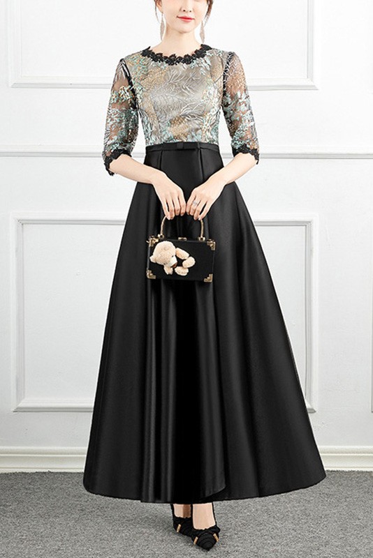 black satin wedding guest dress Black Mother of Bride Dress Sheath Beaded Neckline Long Sleeves Women's Gown