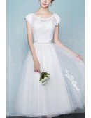 White Lace Cheap Homecoming Dress Tea Length With Lace Cap Sleeves