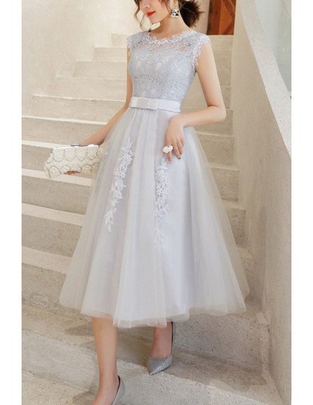 White Lace Cheap Homecoming Dress Tea Length With Lace Cap Sleeves
