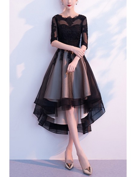 High Low Black Tulle Homecoming Party Dress With Sheer Sleeves