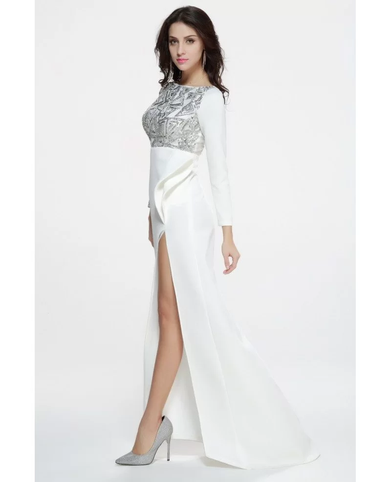Elegant Long White Evening Dresses with Long Sleeves #CK340 $111.8