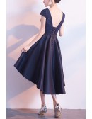 Modest High Low Navy Homecoming Dress Sequined With Cap Sleeves