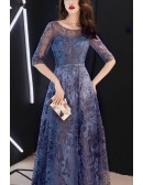 Elegant Fall Formal Long Wedding Guest Dress With Lace Sheer Sleeves