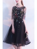 Black Tulle Colorful Flowers Homecoming Dress With Sheer Sleeves