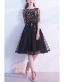 Black Tulle Colorful Flowers Homecoming Dress With Sheer Sleeves