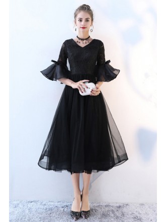 Black Tea Length Retro Homecoming Dress Lace With Flare Sleeves