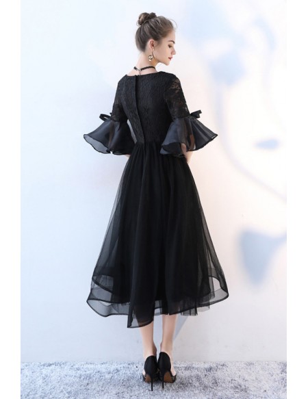 Black Tea Length Retro Homecoming Dress Lace With Flare Sleeves