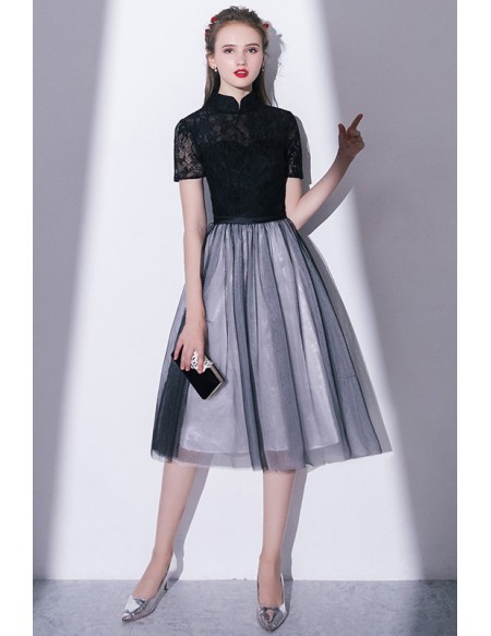 Special Knee Length Tulle Black Party Dress With Collar
