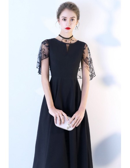 Elegant Black Tea Length Semi Occasion Dress With Dolman Sleeves