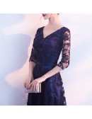 Elegant Long Vneck Lace Blue Formal Dress With Sheer Sleeves