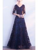 Elegant Long Vneck Lace Blue Formal Dress With Sheer Sleeves