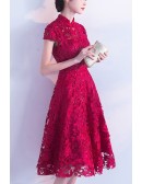 Tea Length Lace Burgundy Homecoming Dress With Collar