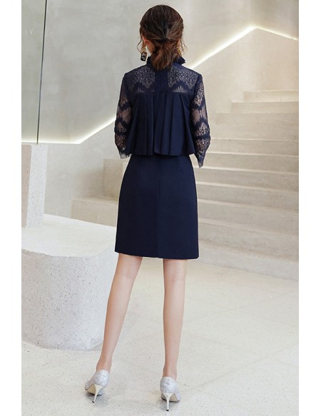 Navy Blue Summer Cocktail Wedding Party Dress With Lace Sleeves