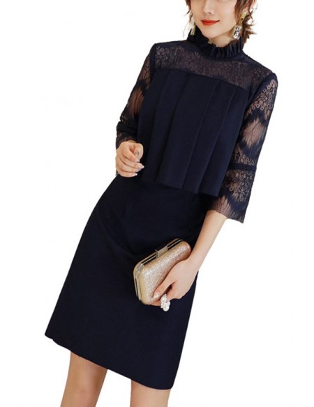 Navy Blue Summer Cocktail Wedding Party Dress With Lace Sleeves