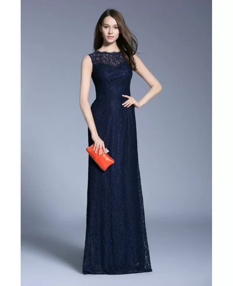 Navy Blue Modest A-Line Lace Floor-Length Formal Dress #CK528 $96