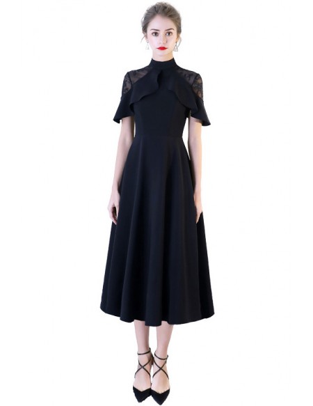 Slim Aline Black Tea Length Party Dress With Sheer Lace Shoulder