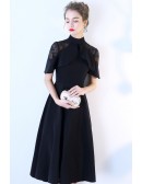 Slim Aline Black Tea Length Party Dress With Sheer Lace Shoulder
