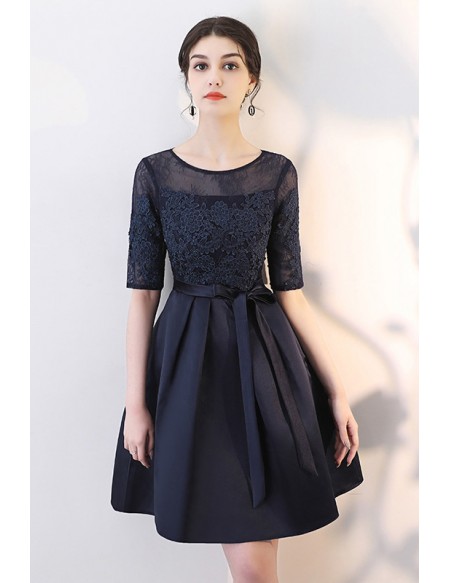 Navy Blue Lace Homecoming Dress With Sash Appliques