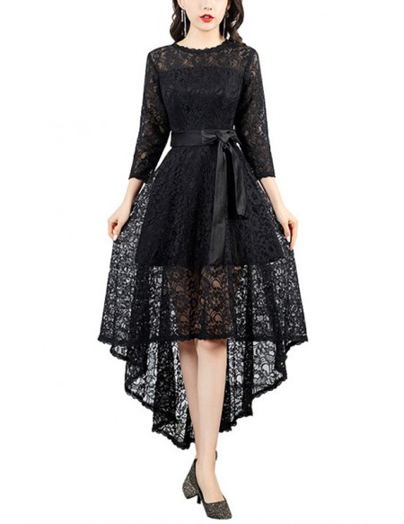 High Low Lace Black Homecoming Dress With Bow Sash