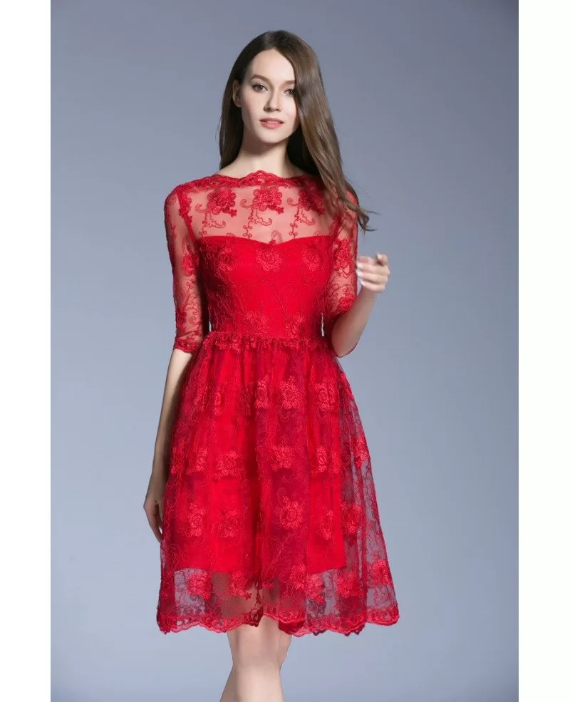 Modest A Line Red Lace Knee Length Cocktail Dresses With Sleeves Dk