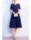 Modest Navy Blue Knee Length Semi Formal Dress With Short Sleeves