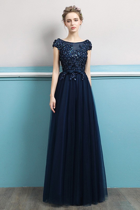 Sequined Navy Blue Long Tulle Elegant Formal Dress With Cap Sleeves # ...