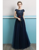 Sequined Navy Blue Long Tulle Elegant Formal Dress With Cap Sleeves