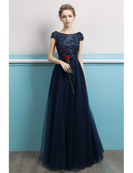 Sequined Navy Blue Long Tulle Elegant Formal Dress With Cap Sleeves