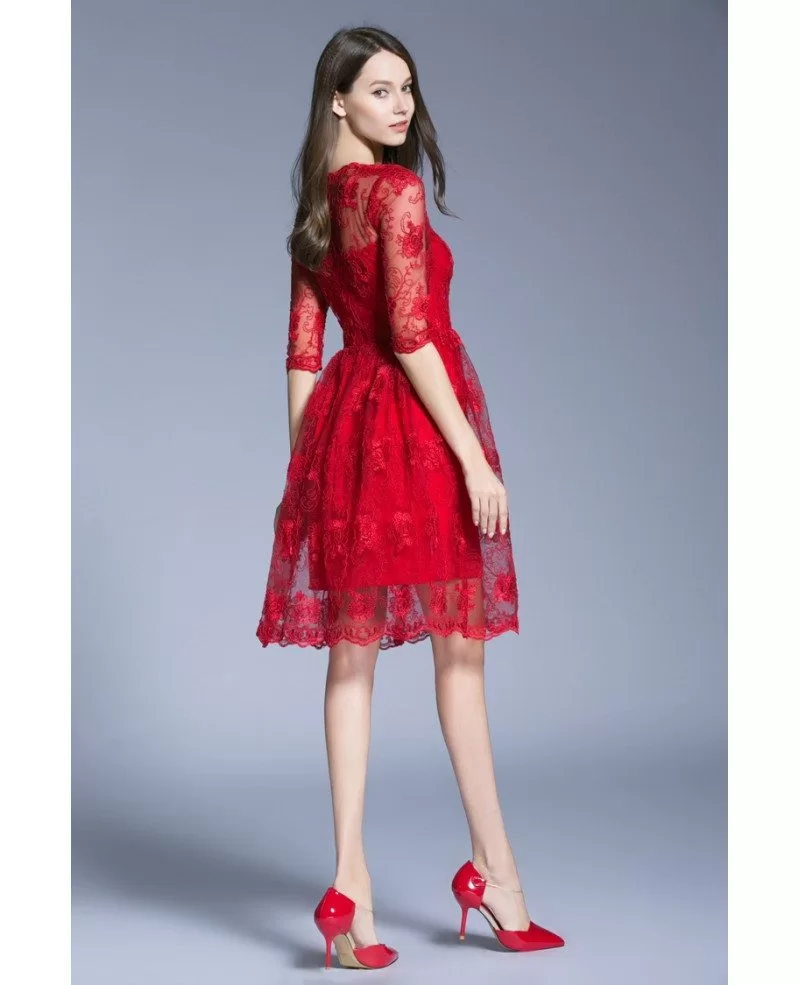 Modest A-Line Red Lace Knee-Length Cocktail Dresses With Sleeves #DK356 ...