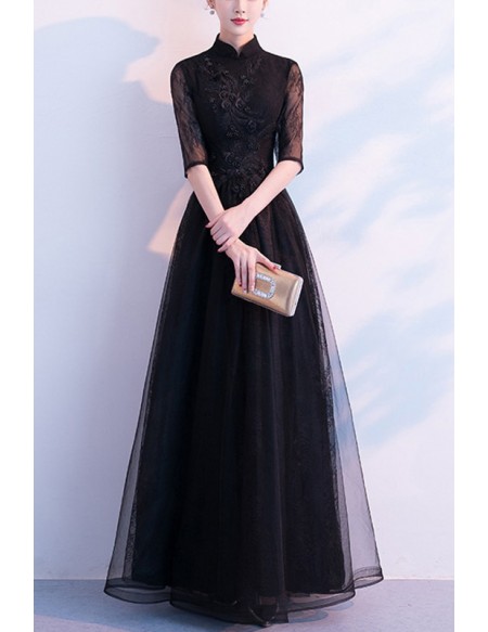 Long Black Formal Tulle Evening Dress With Collar