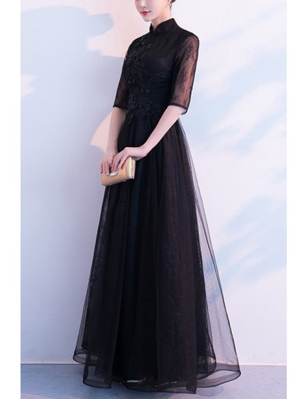 Long Black Formal Tulle Evening Dress With Collar #J1577 - GemGrace.com