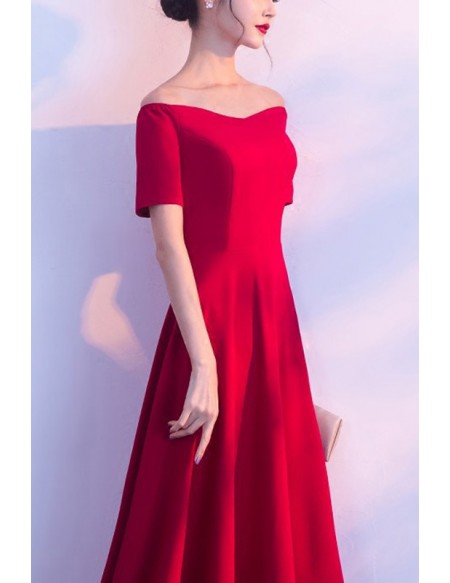 Slim Long Red Formal Dress Simple With Off Shoulder Sleeves