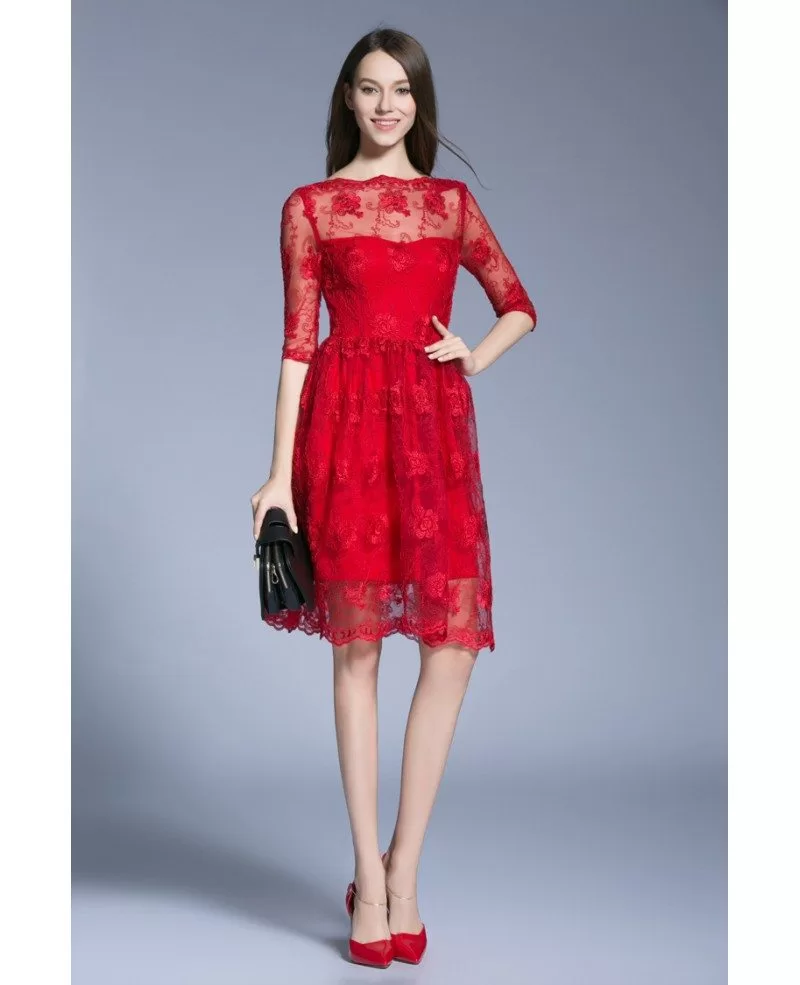 red lace cocktail dress with sleeves