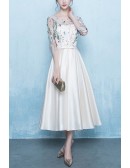 Pretty Champagne Tea Length Wedding Guest Dress With Flowers Sheer Sleeves