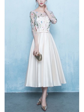 Pretty Champagne Tea Length Wedding Guest Dress With Flowers Sheer Sleeves