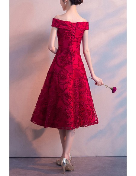 Burgundy Off Shoulder Homecoming Party Dress Tea Length