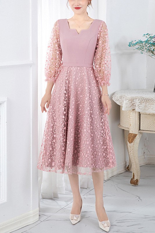 Pretty Pink Tea Length Semi Formal Dress With 3/4 Lantern Sleeves # ...