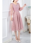 Pretty Pink Tea Length Semi Formal Dress With 3/4 Lantern Sleeves