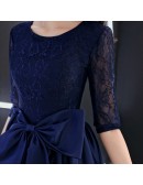 Navy Blue Big Bow In Front Wedding Party Dress With Half Sleeves