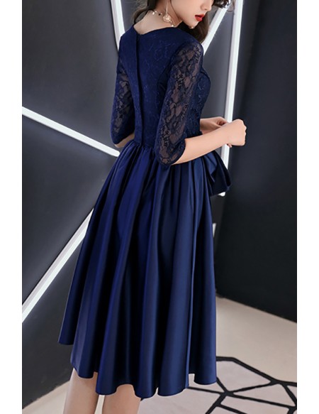 Navy Blue Big Bow In Front Wedding Party Dress With Half Sleeves