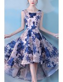 Blue Flowers Sleeveless Aline Hi Lo Homecoming Dress For Parties