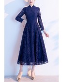 Tea Length Floral Lace Modest Fall Semi Formal Dress With Long Sleeves