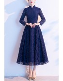 Tea Length Floral Lace Modest Fall Semi Formal Dress With Long Sleeves