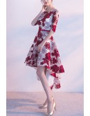 Burgundy Flowers High Low Homecoming Dress With Sleeves