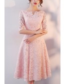 Pink Lace Elegant Semi Formal Dress With Half Sleeves