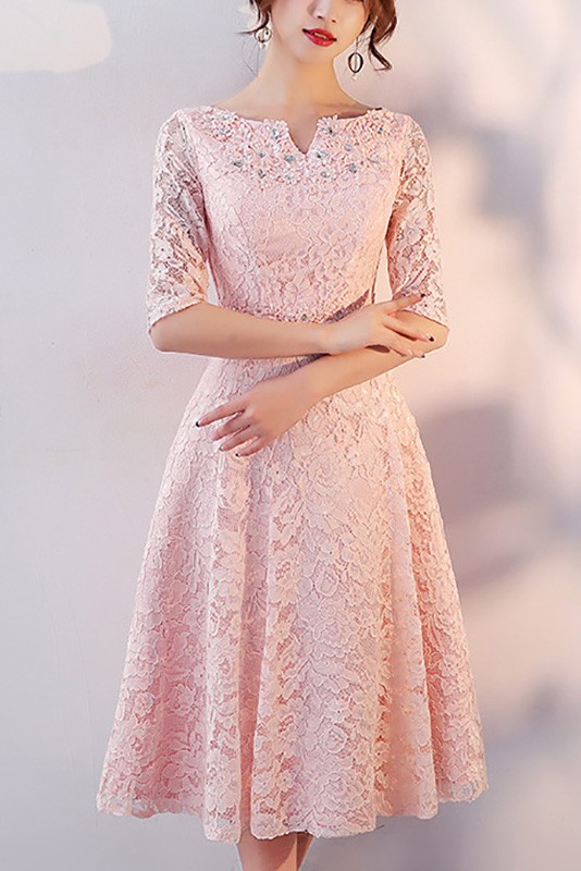 Pink Lace Elegant Semi Formal Dress With Half Sleeves #J1588 - GemGrace.com