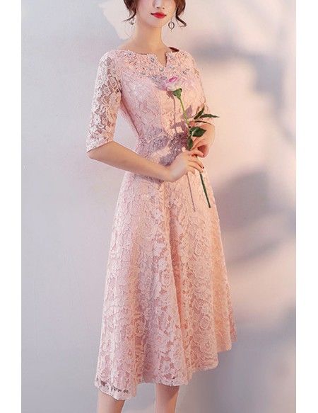 Pink Lace Elegant Semi Formal Dress With Half Sleeves