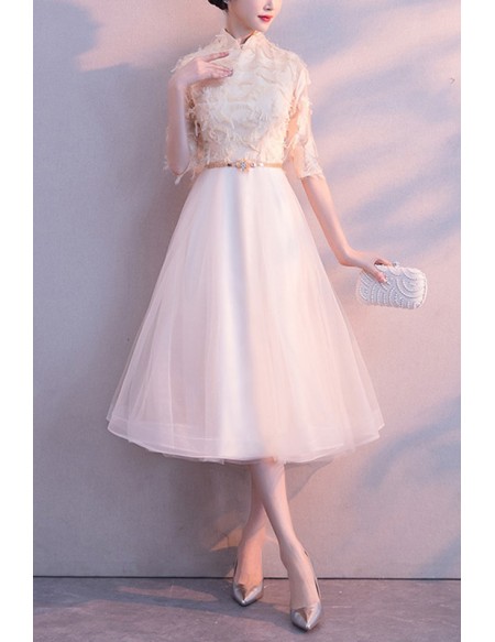 Champagne Tea Length Fall Wedding Guest Dress With Sleeves